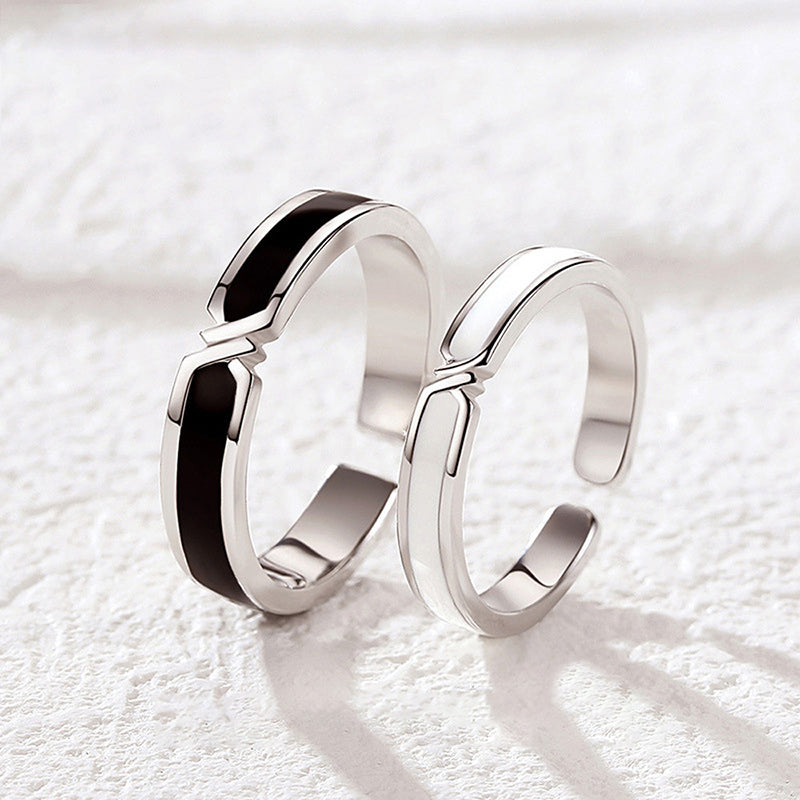 Black & White Bond Couple Rings - 925 Sterling Silver Japanese-Inspired Long Distance Matching Set