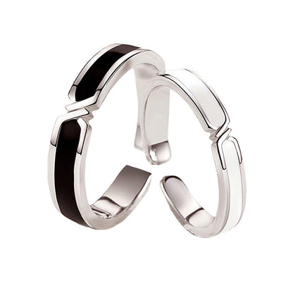Black & White Bond Couple Rings - 925 Sterling Silver Japanese-Inspired Long Distance Matching Set