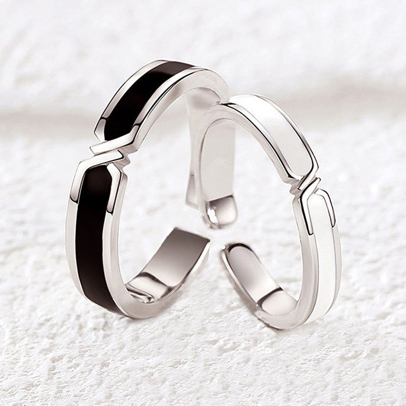 Black & White Bond Couple Rings - 925 Sterling Silver Japanese-Inspired Long Distance Matching Set