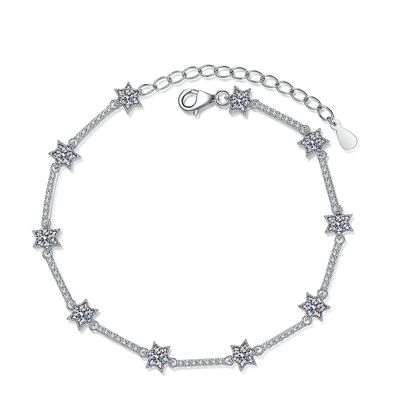Bohemian Starry Sky Rhodium Plated Sterling Silver Bracelet - 1ct Moissanite with Starburst Design