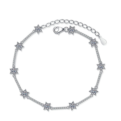 Bohemian Starry Sky Rhodium Plated Sterling Silver Bracelet - 1ct Moissanite with Starburst Design