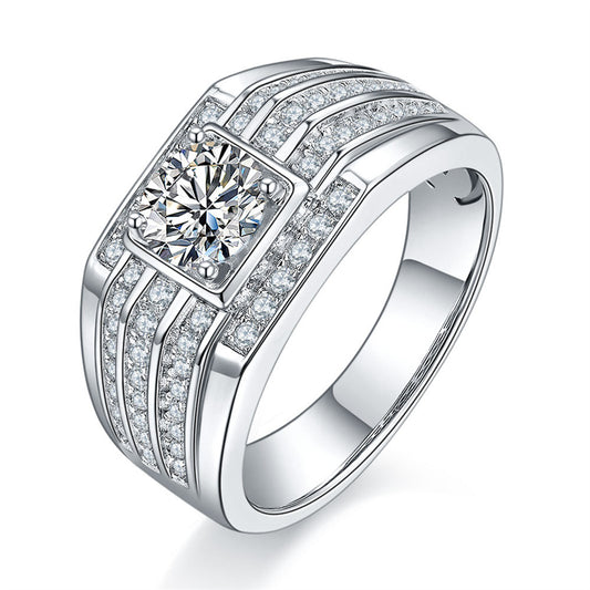 Bold 1CT Moissanite Men's Ring - Premium 925 Sterling Silver Band (White Gold Plated)