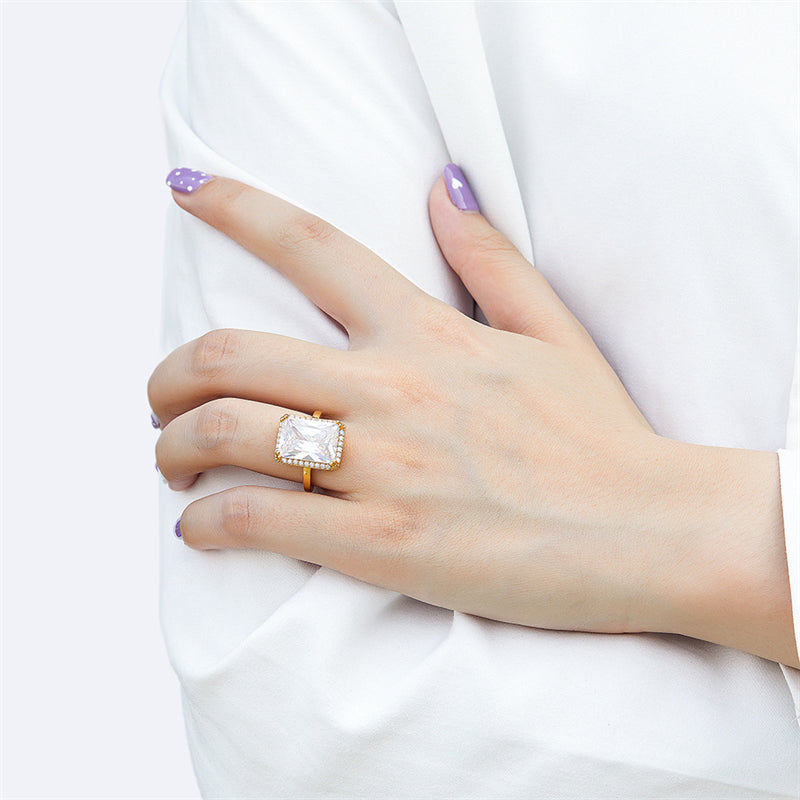 Bold Rectangular Zircon Statement Ring – 925 Sterling Silver Oversized Geometric Ring in Gold & White Gold Tones