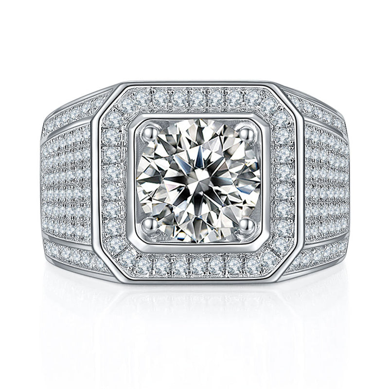 Bold European-Style Men's Ring – 925 Sterling Silver Full Moissanite Band with Lucky Motifs