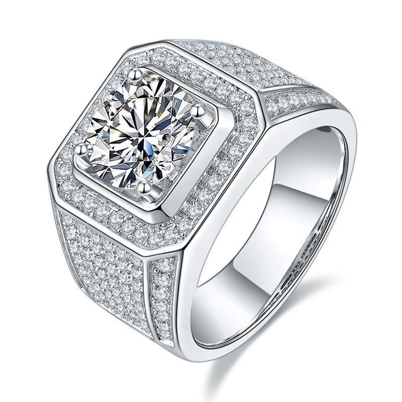 Bold European-Style Men's Ring – 925 Sterling Silver Full Moissanite Band with Lucky Motifs
