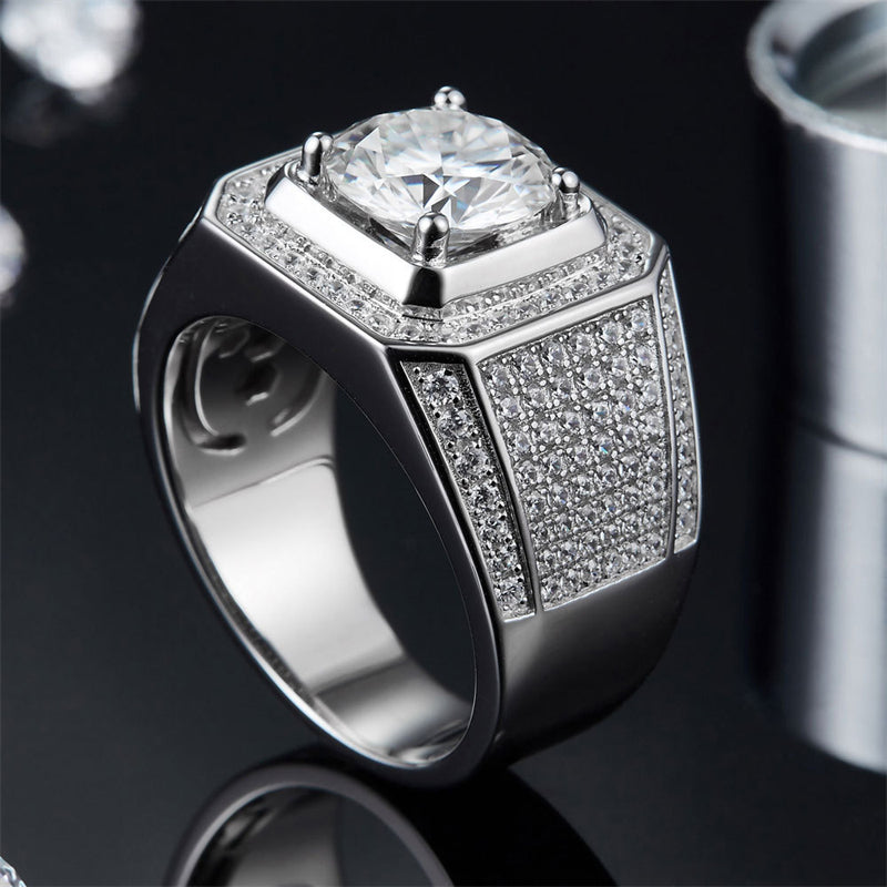 Bold European-Style Men's Ring – 925 Sterling Silver Full Moissanite Band with Lucky Motifs