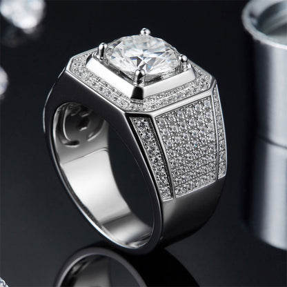 Bold European-Style Men's Ring – 925 Sterling Silver Full Moissanite Band with Lucky Motifs