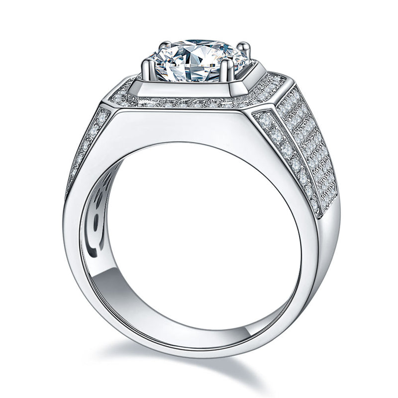 Bold European-Style Men's Ring – 925 Sterling Silver Full Moissanite Band with Lucky Motifs
