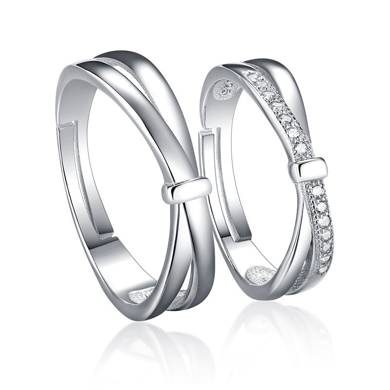 Bow Knot Zircon Couple Rings - 925 Sterling Silver Adjustable Matching Set