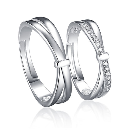 Bow Knot Zircon Couple Rings - 925 Sterling Silver Adjustable Matching Set