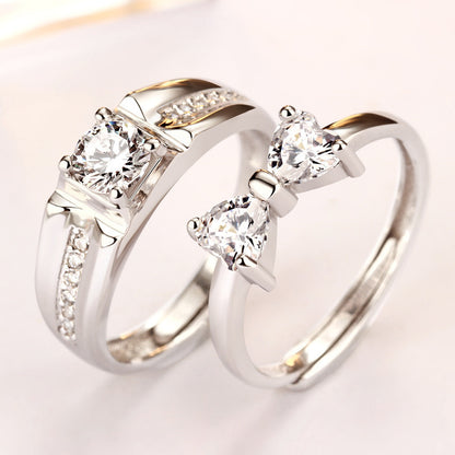 Bow & Heart Couple Rings - 925 Sterling Silver 8-Hearts & Arrows Zircon Matching Set