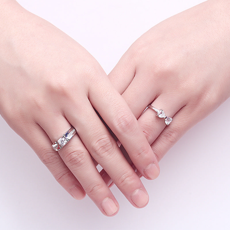 Bow & Heart Couple Rings - 925 Sterling Silver 8-Hearts & Arrows Zircon Matching Set