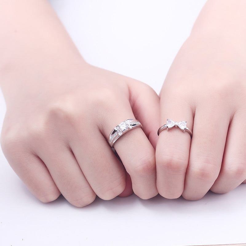 Bow & Heart Couple Rings - 925 Sterling Silver 8-Hearts & Arrows Zircon Matching Set