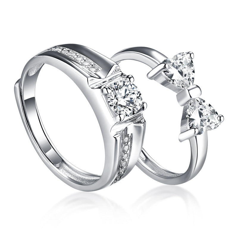 Bow & Heart Couple Rings - 925 Sterling Silver 8-Hearts & Arrows Zircon Matching Set