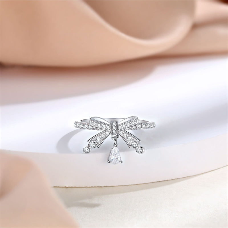 Bow & Teardrop 925 Silver Ring - Elegant Wedding Band with Zirconia Stones