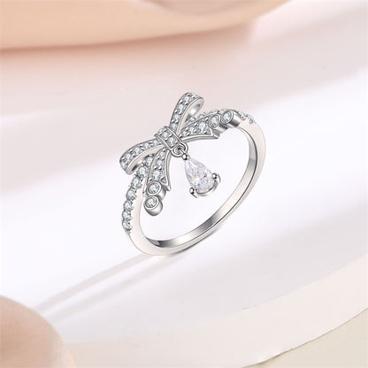 Bow & Teardrop 925 Silver Ring - Elegant Wedding Band with Zirconia Stones