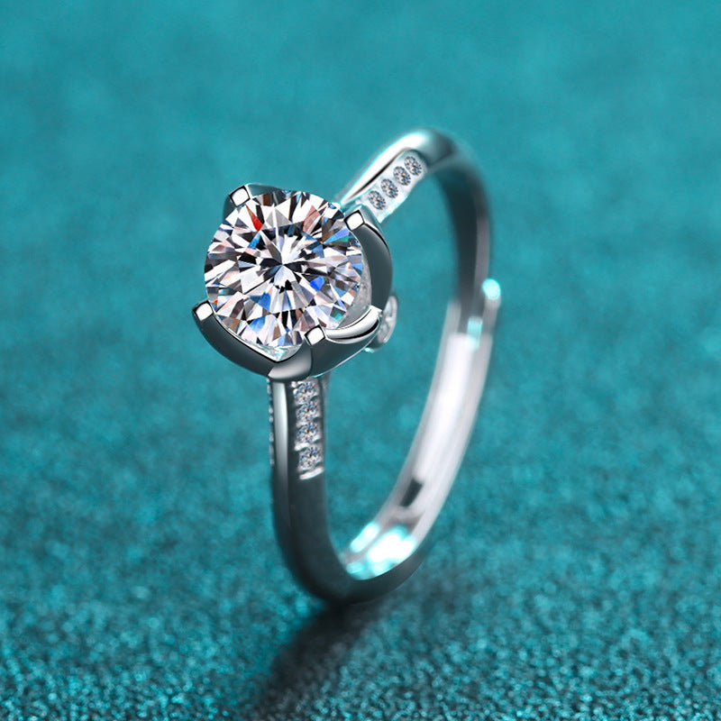 Bud-Inspired Four Prong Moissanite Ring - PT950 Plated 925 Sterling Silver Engagement Ring