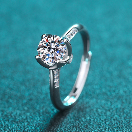 Bud-Inspired Four Prong Moissanite Ring - PT950 Plated 925 Sterling Silver Engagement Ring