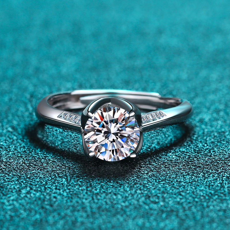 Bud-Inspired Four Prong Moissanite Ring - PT950 Plated 925 Sterling Silver Engagement Ring