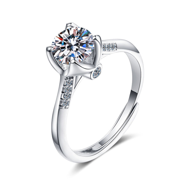 Bud-Inspired Four Prong Moissanite Ring - PT950 Plated 925 Sterling Silver Engagement Ring