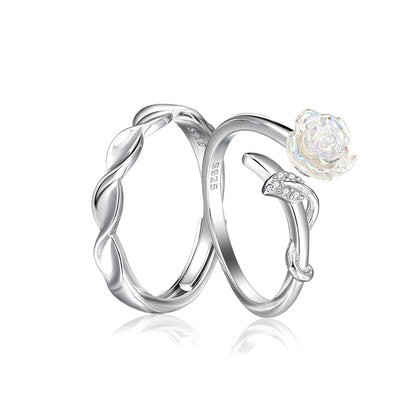 Camellia Flower Couple Rings - 925 Sterling Silver Botanical Matching Set