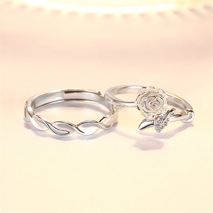 Camellia Flower Couple Rings - 925 Sterling Silver Botanical Matching Set