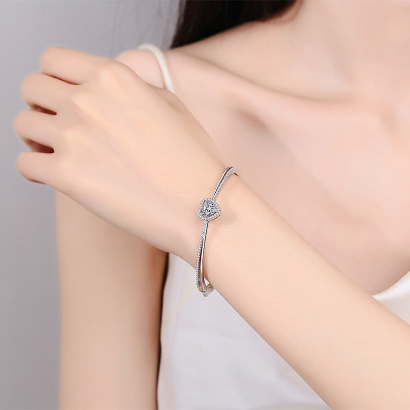 Chanel Style Zodiac Bangle 1.45ct Moissanite 46x56mm Heart Star Leaf 925 Silver Rhodium
