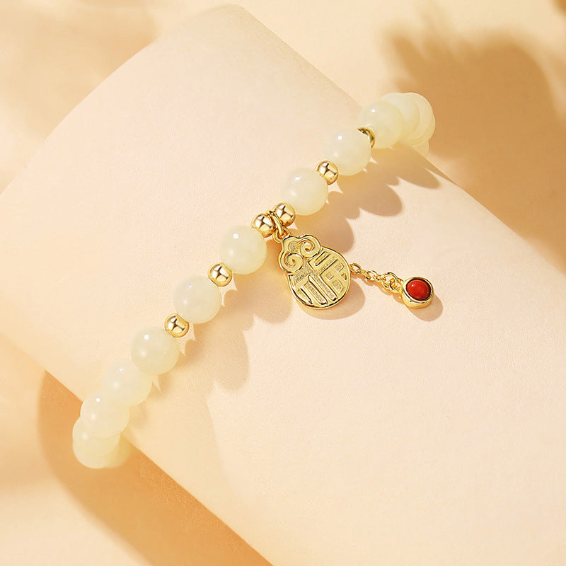 Chinese Gourd Bracelet 925 Silver Jade Beaded Jewelry