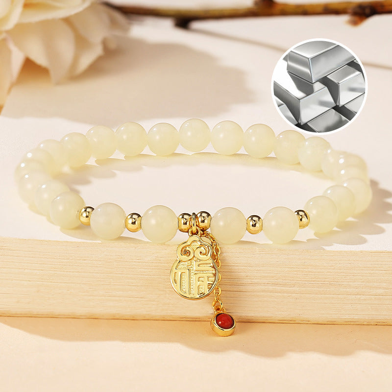 Chinese Gourd Bracelet 925 Silver Jade Beaded Jewelry