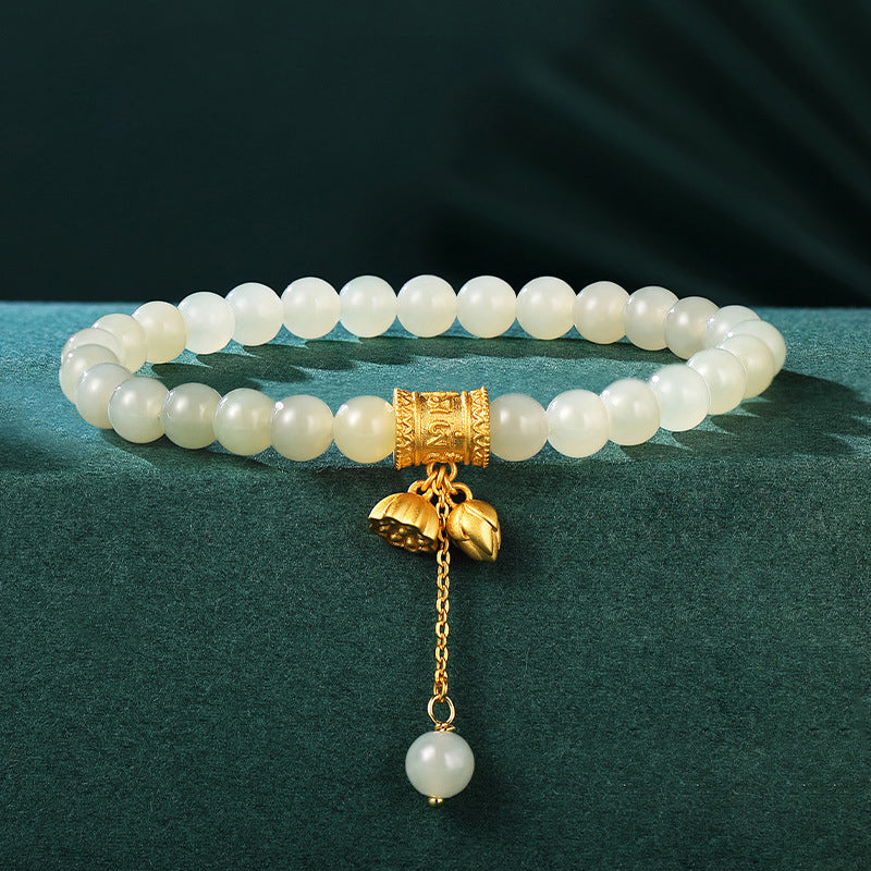 Chinese Lotus Bracelet 925 Silver Floral Jade Beads