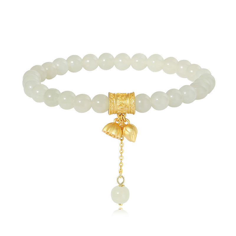 Chinese Lotus Bracelet 925 Silver Floral Jade Beads