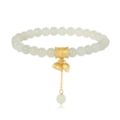 Chinese Lotus Bracelet 925 Silver Floral Jade Beads