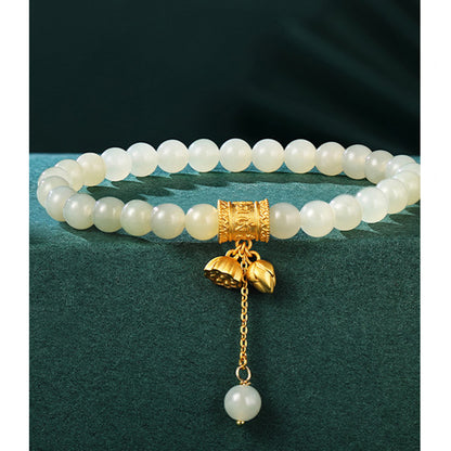 Chinese Lotus Bracelet 925 Silver Floral Jade Beads