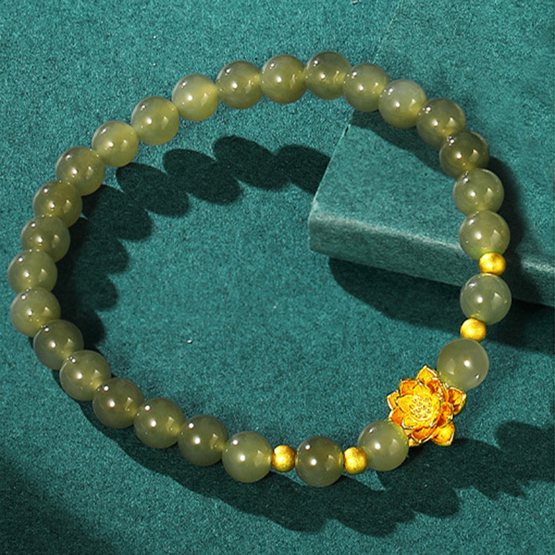 Chinese Lotus Bracelet 925 Silver Floral Jade Beads