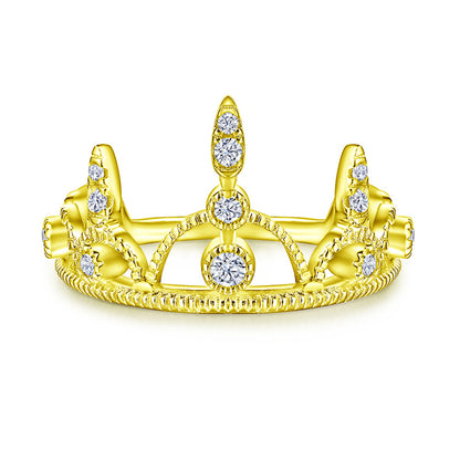 Crown Design 925 Silver Ring - 18K Gold Plated Zirconia Band for Women