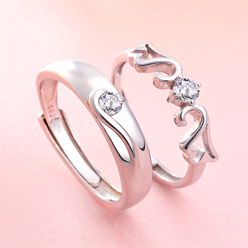 Crown Design 925 Sterling Silver Couple Rings - Adjustable Matching Promise Set