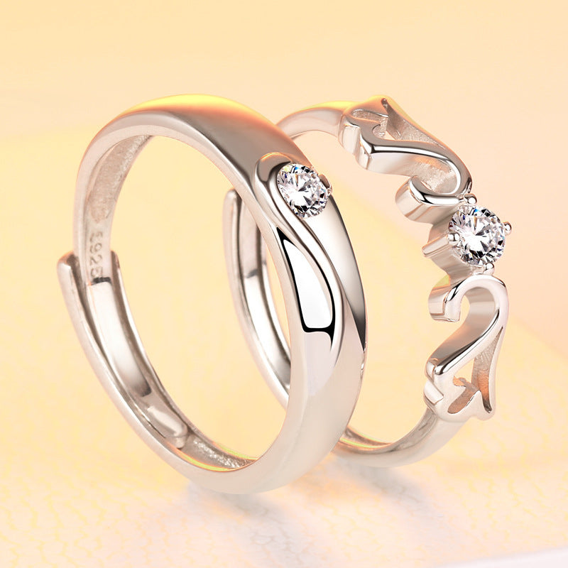 Crown Design 925 Sterling Silver Couple Rings - Adjustable Matching Promise Set