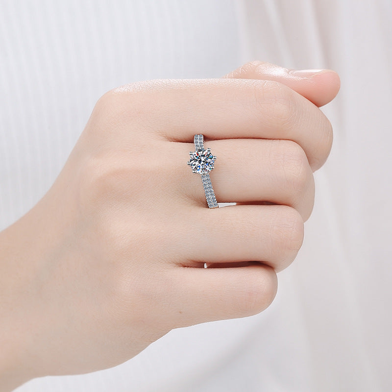 Crown Six-Prong Moissanite Ring - 925 Sterling Silver Pavé Band Elegant Everyday Ring