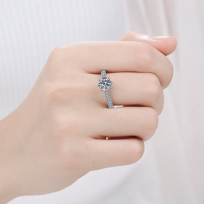Crown Six-Prong Moissanite Ring - 925 Sterling Silver Pavé Band Elegant Everyday Ring