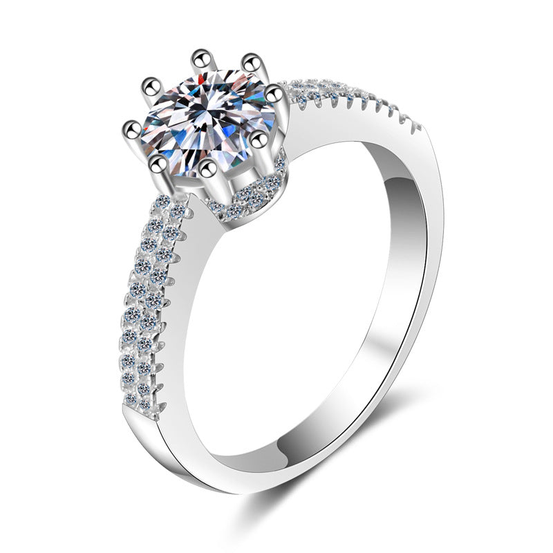 Crown Six-Prong Moissanite Ring - 925 Sterling Silver Pavé Band Elegant Everyday Ring