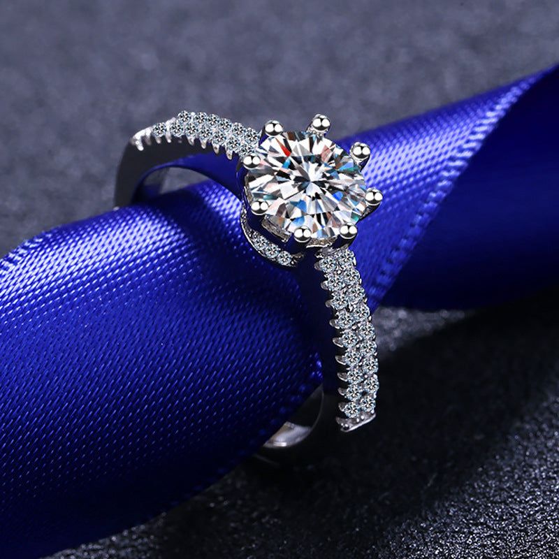 Crown Six-Prong Moissanite Ring - 925 Sterling Silver Pavé Band Elegant Everyday Ring