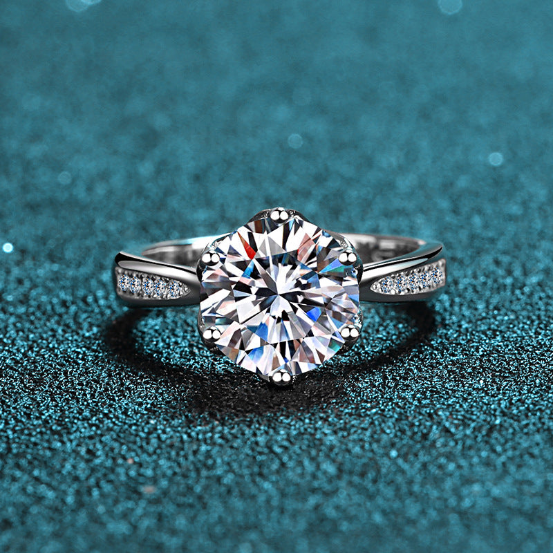 Crown Solitaire Moissanite Ring - 925 Sterling Silver 3-Carat Six-Prong Setting with Floral Motifs