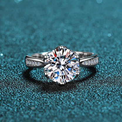 Crown Solitaire Moissanite Ring - 925 Sterling Silver 3-Carat Six-Prong Setting with Floral Motifs