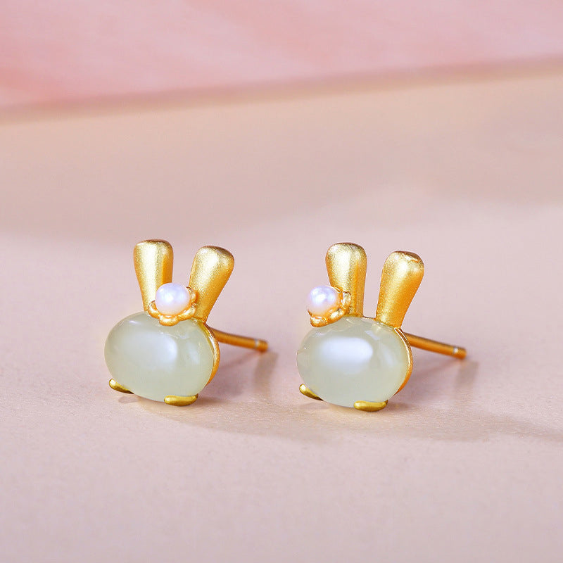925 Sterling Silver Jade Rabbit Stud Earrings - Cute Bunny Gemstone Earrings for Women