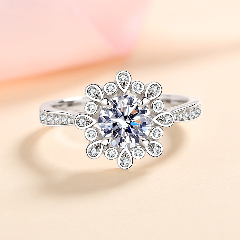 D Color Moissanite Floral Ring - 925 Sterling Silver Rose & Red Bean Design