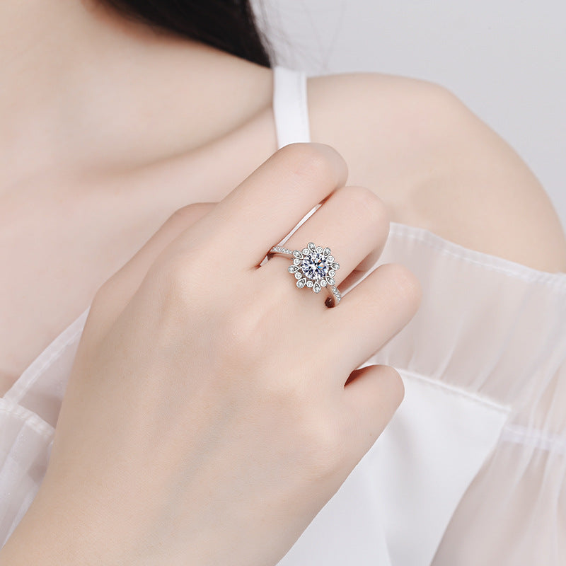 D Color Moissanite Floral Ring - 925 Sterling Silver Rose & Red Bean Design