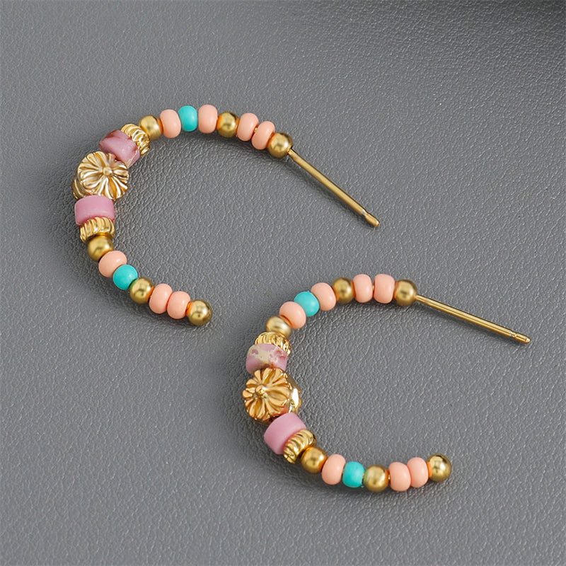 Dainty Floral Geometric Gold-Plated Natural Stone Stud Earrings