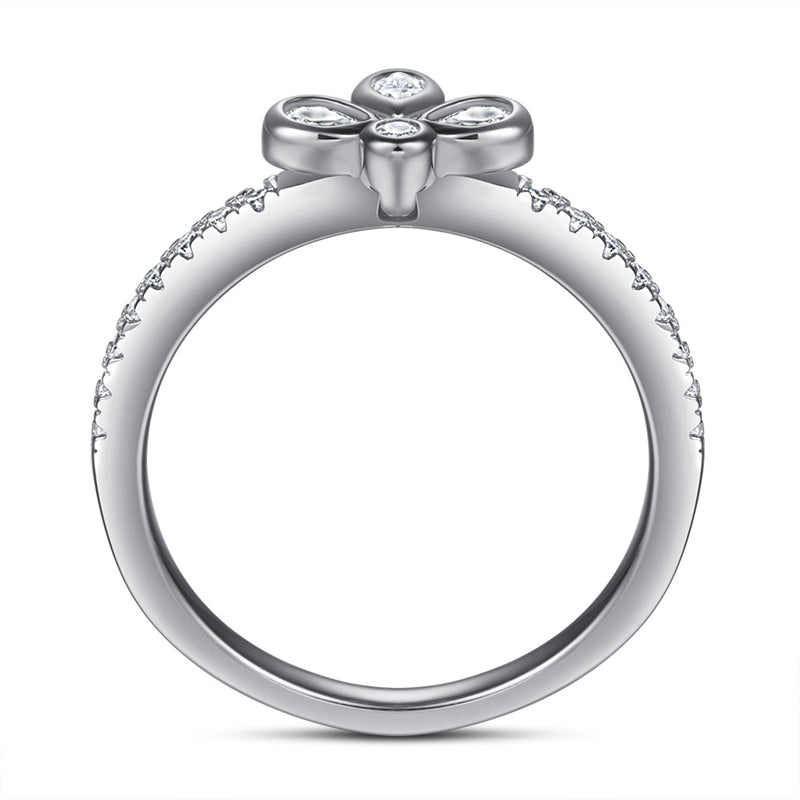 Dainty S925 Sterling Silver Bow Ring with Simulated Diamonds - Elegant Floral Jewelry