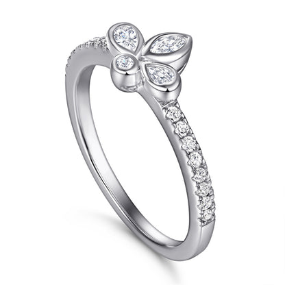 Dainty S925 Sterling Silver Bow Ring with Simulated Diamonds - Elegant Floral Jewelry