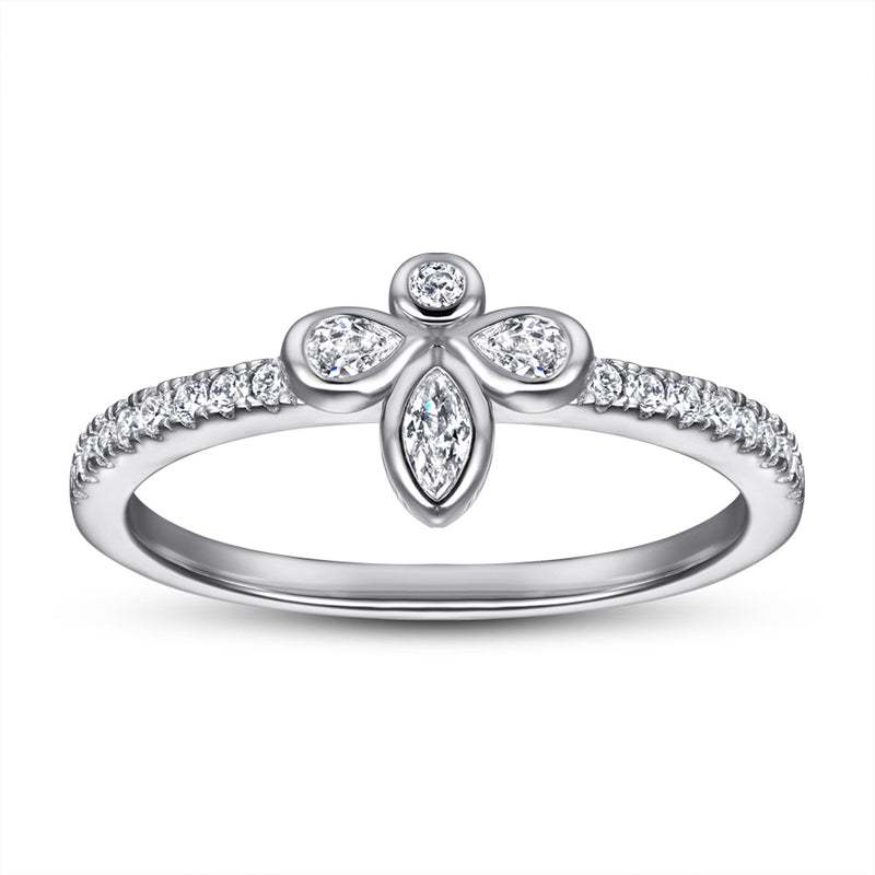 Dainty S925 Sterling Silver Bow Ring with Simulated Diamonds - Elegant Floral Jewelry